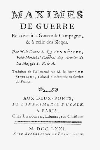 Ο τίτλος του βιβλίου της γαλλικής έκδοσης Maximes de guerre, Παρίσι 1771, το οποίο ο Ρήγας μετέφρασε με τίτλο