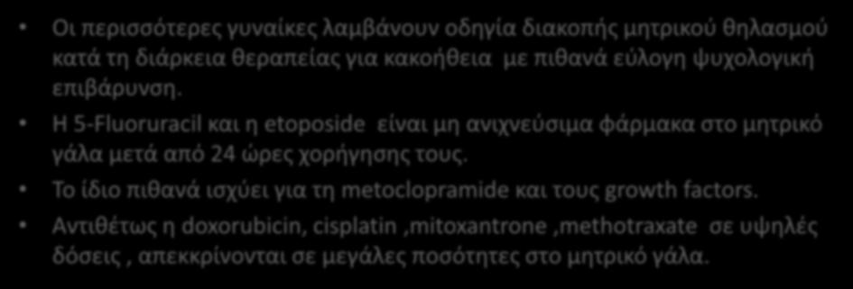 μητρικού θηλασμού κατά τη διάρκεια θεραπείας για κακοήθεια με πιθανά εύλογη ψυχολογική επιβάρυνση.