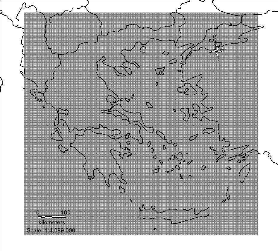 β) Σχήμα 5.11: Απεικόνιση των πλεγμάτων προσομοίωσης του μοντέλου CAMx: α) Ανατολική Μεσόγειος, β) Ελλάδα.