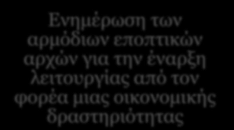 Έννοια της Γνωστοποίησης Ενημέρωση των αρμόδιων εποπτικών αρχών για την έναρξη λειτουργίας από τον φορέα μιας οικονομικής δραστηριότητας Από την υποβολή της ξεκινά άμεσα η λειτουργία της