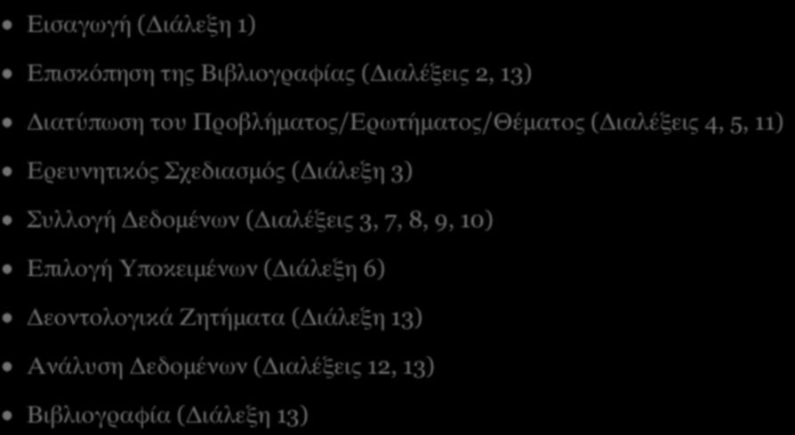 (Διάλεξη 3) Συλλογή Δεδομένων (Διαλέξεις 3, 7, 8, 9, 10) Επιλογή Υποκειμένων (Διάλεξη 6)