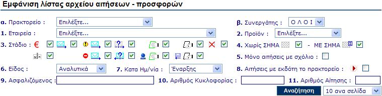 Στο επάνω µέρος της λίστας υπάρχουν πολλά κριτήρια για να τα επιλέξετε ένα-ένα ή πολλά ταυτόχρονα. Π.χ. αν επιλέξετε µια συγκεκριµένη εταιρεία εδώ και πατήσετε το κουµπί «Αναζήτηση» θα εµφανιστούν στην λίστα αιτήσεις και προσφορές µόνο από αυτήν την εταιρεία.