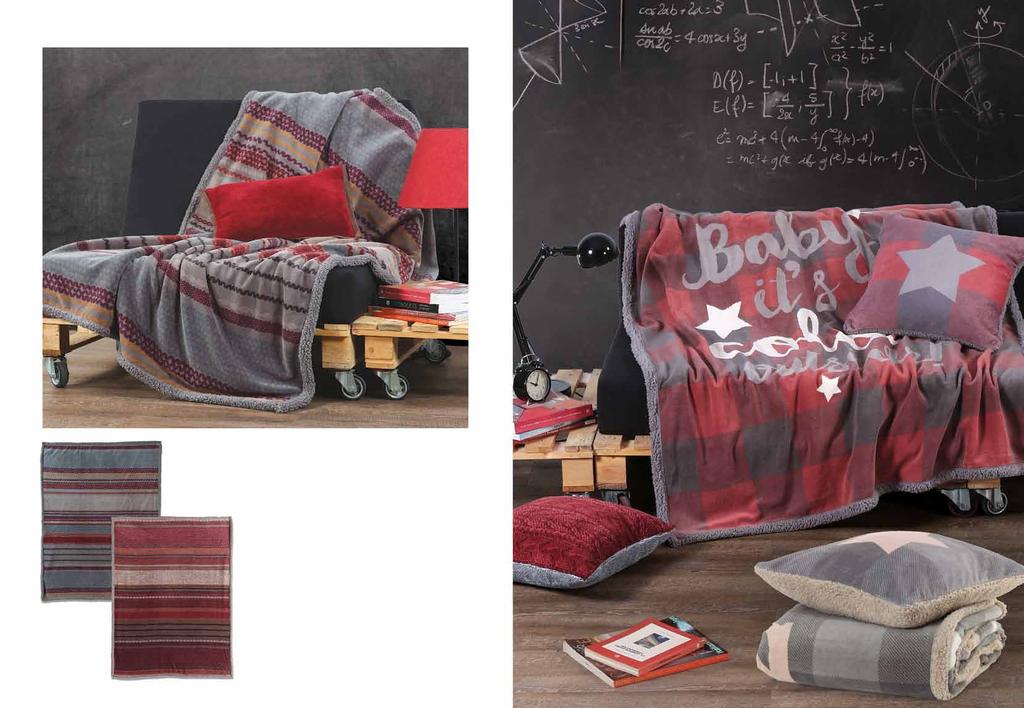 Fuente Petrol Frosty water & Terra Vivid fire Bordo Grey Κουβέρτα καναπέ με ύφασμα fleece και γούνα σέρπα 100%