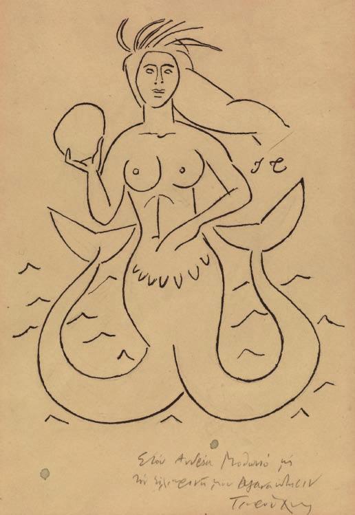 * 61 Γιάννης Τσαρούχης (1910-1989) Γοργόνα με ιδιόχειρη αφιέρωση του καλλιτέχνη κάτω: Στον Ανδρέα Μοθωνιό με / την ειλικρινή μου αγανάκτησιν / Τσαρούχης