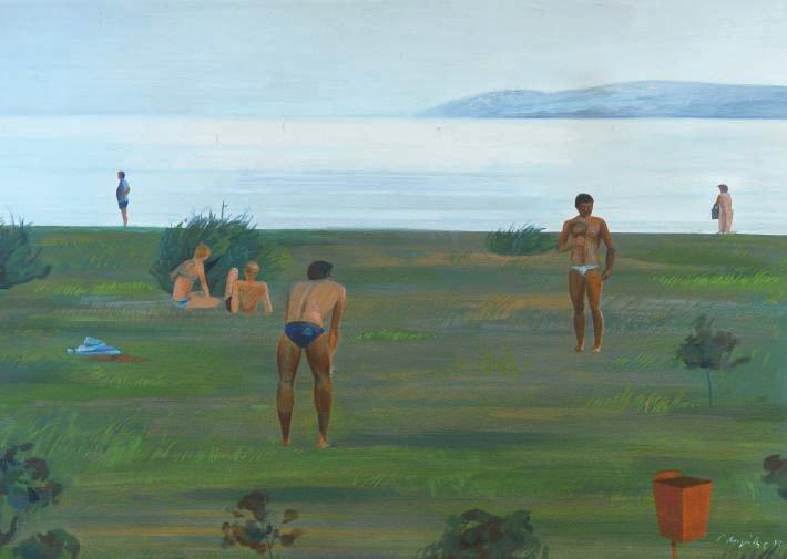 * Γιάννης Μιγάδης (γ. 1926) Άνθρωποι στην παραλία υπογεγραμμένο και χρονολογημένο κάτω δεξιά: Γ. Μιγάδης 85 ο τίτλος σε ετικέτα έκθεσης στην πίσω όψη ακρυλικό σε κόντρα πλακέ, 70 x 100 cm. 4.000-6.
