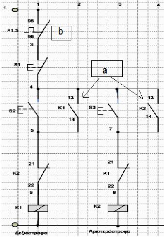 Pulse logic circuit 23. Στο παρακάτω κύκλωμα οι κανονικά ανοικτές επαφές Κ1(13-14) και Κ2(13-14), (α), ονομάζονται : Α. επαφές αυτοσυγκράτησης Β.