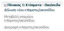 7.4. Πίνακασ 1: Κτίςματα - Οικόπεδα Περιζχει όλεσ τισ ενζργειεσ που ςχετίηονται με μεταβολζσ του πίνακα οικοπζδων (εντόσ ςχεδίου ι οικιςμοφ) και κτιςμάτων (εντόσ και εκτόσ ςχεδίου) (Εικόνα 12).