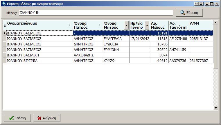Τα αποτελέσματα εμφανίζονται με ταξινόμηση στο ονοματεπώνυμο ενώ μπορείτε να δείτε πληροφορίες και για το όνομα πατρός, το όνομα μητρός, την ημερομηνία γέννηση.