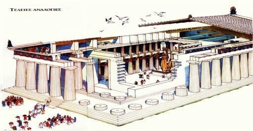 Η στέγη ολόκληρου του ναού, μαζί με τους στρωτήρες, τους καλυπτήρες και τα ακροκέραμα, ήταν μαρμάρινη, αλλά στηριζόταν σε μεγάλες ξύλινες δοκούς.