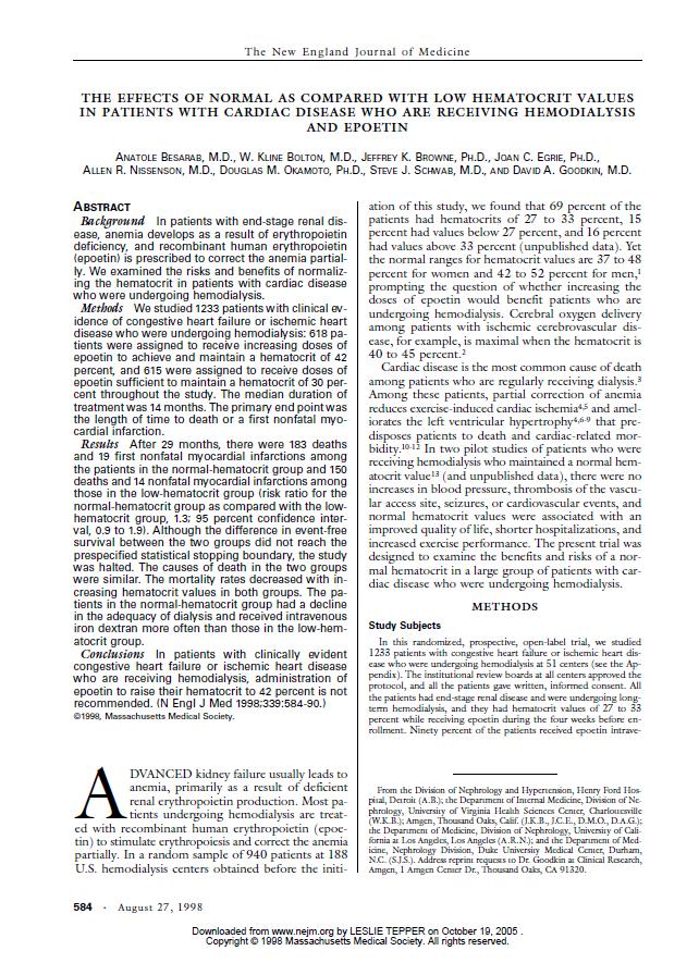 Πλήθος ασθενών Normal HCT (Besarab et CHOIR (Singh et al Οδηγίες Guidelines al 1998, NEJM) 2006, NEJM) 2006 CREATE (Drueke et al 2006, NEJM) 1.233 1.