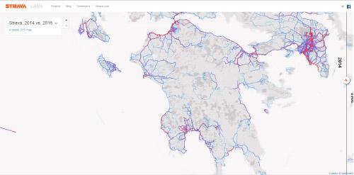 Εικόνα 10 Οπτικοποίηση Δεδομένων Strava Heat Map: Κέρκυρα- Ιωάννινα- Άρτα- Πάργα 2015 Τέλος, για τις πόλεις της Πελοποννήσου, Πάτρα, Πύργος, Καλαμάτα