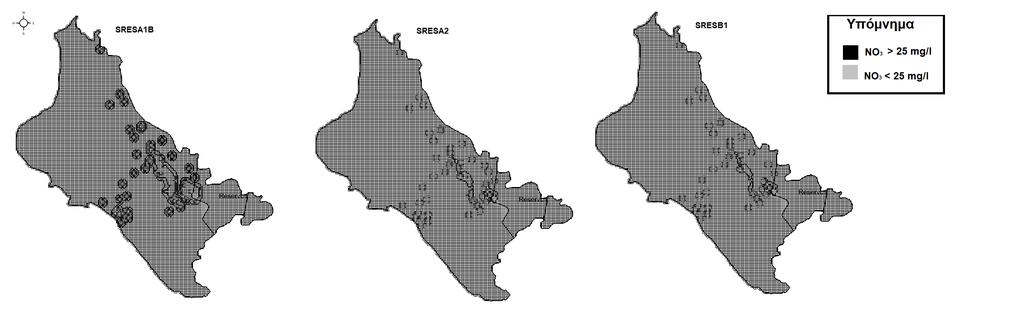 Αποτελέσματα Τοποθεσίες με συγκέντρωση νιτρικών πάνω από 25 mg/l για την μεσοπρόθεσμη περίοδο (2030-2050) SRES, Μεσοπρόθεσμη περίοδος 2030-2050