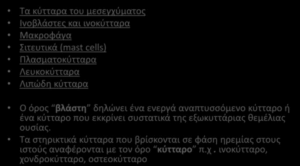 Κφτταρα ΣΙ Τα κφτταρα του μεςεγχφματοσ Ινοβλάςτεσ και ινοκφτταρα Μακροφάγα Σιτευτικά (mast cells) Ρλαςματοκφτταρα Λευκοκφτταρα Λιπϊδθ κφτταρα Ο όροσ βλάςτθ δθλϊνει ζνα ενεργά αναπτυςςόμενο κφτταρο ι
