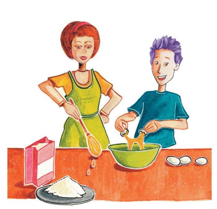 Andrew: What can I do for you, Mum? Mum: I m making a cake and I need your help. Can you beat the eggs? Andrew: No problem. By the way, where s Dad? Mum: He s in the bathroom.