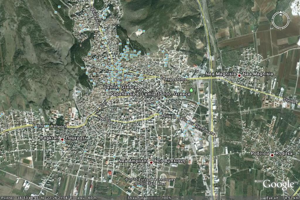 Εικ. 1: Άποψη της Λαμίας από το δορυφόρο του Google Earth.
