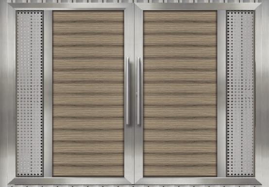 cod.:m492 M492 The profile of the sash and the frame is anodised in INOX colour. The design is horizontal with aluminum profiles at dimensions of 150x14mm.