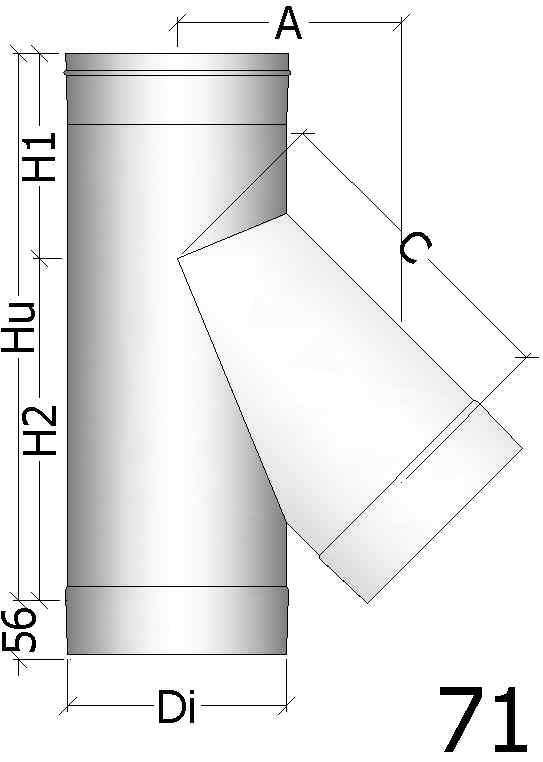 KI 071: ALLACCIAMENTO 45 / 45 TEE Elemento previsto per il raccordo al camino del canale da fumo, con inclinazione pari a 45 Element designed to connect the connecting flue pipe to the chimney with