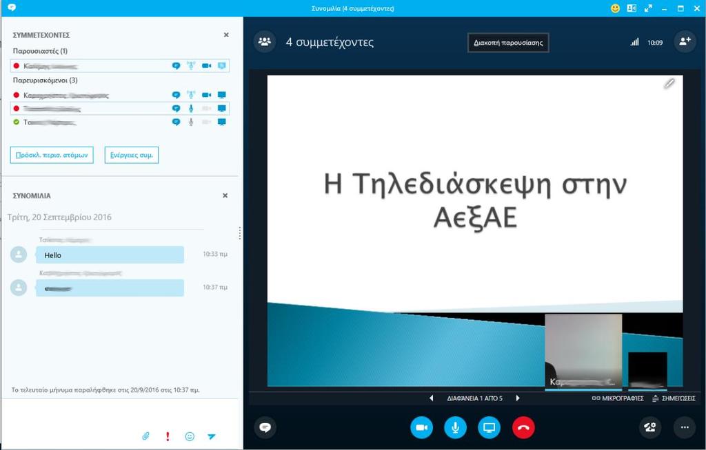 Οθόνη παρουσίασης Κατά την διάρκεια της συνάντησης εμφανίζεται η παρακάτω οθόνη Συμμετέχοντες Εργαλεία Συμμετοχής Πρόσκληση ατόμων Ενέργειες Χώρος Παρουσίασης Βίντεο Παρευρισκομένων Συνομιλία