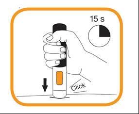 Συνεχίστε να κρατάτε την προγεμισμένη συσκευή τύπου πένας σταθερά στη θέση της πάνω στο δέρμα έως ότου ακουστεί ένα δεύτερο «κλικ» και το παράθυρο παρατήρησης γίνει πορτοκαλί.