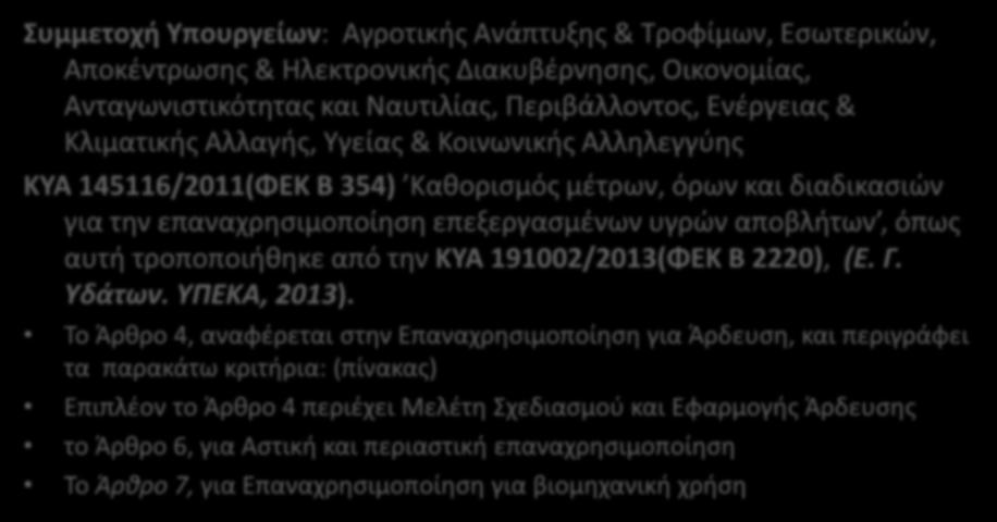 Το θεσμικό πλαίσιο για την επαναχρησιμοποίηση των επεξεργασμένων λυμάτων στην Ελλάδα Συμμετοχή Υπουργείων: Αγροτικής Ανάπτυξης & Τροφίμων, Εσωτερικών, Αποκέντρωσης & Ηλεκτρονικής Διακυβέρνησης,