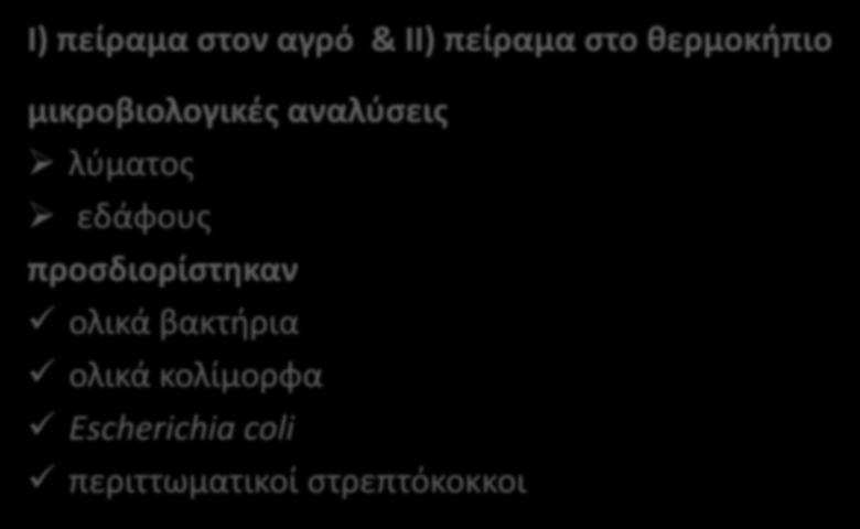 πειραματικό μέρος Ι) πείραμα στον αγρό & ΙΙ) πείραμα στο θερμοκήπιο μικροβιολογικές αναλύσεις