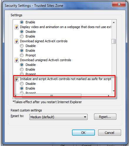 Προσαρμοσμένες ρυθμίσεις ασφάλειας Internet Explorer Ενεργοποίηση προετοιμασίας και εκτέλεσης στοιχείων ελέγχου ActiveX που