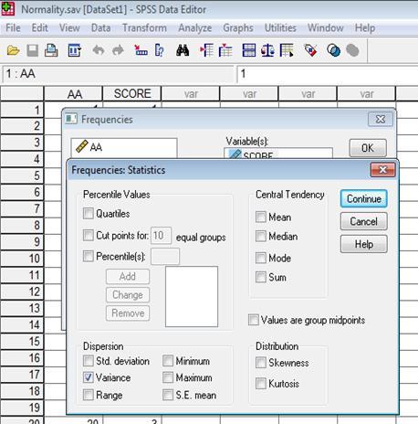 Διακύμανση - Variance Analyze Descriptive Statistics Frequencies Πέρνω την εξεταζόμενη μεταβλητή από αριστερά και τη βάζω στο