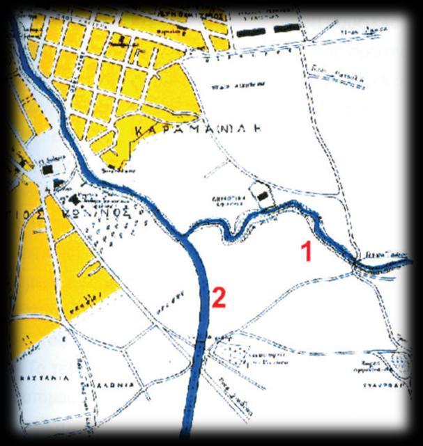 Εικόνα 24: Η παλαιά (1) και η νέα (2) κοίτη του Ληθαίου, μετά τη διευθέτησή του, το έτος 1947. Πηγή: υπόβαθρο από χάρτη της πόλεως των Τρικάλων του Ν.