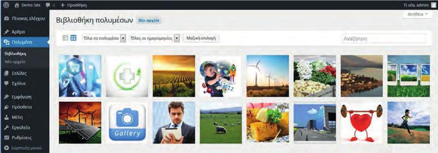 Διαχείριση ιστοτόπου 6 Διαχείριση αρχείων εικόνων, ήχων, video και λοιπών αρχείων Όλα τα αρχεία που έχουν εισαχθεί στον ιστότοπό σας βρίσκονται στη «Βιβλιοθήκη πολυμέσων».