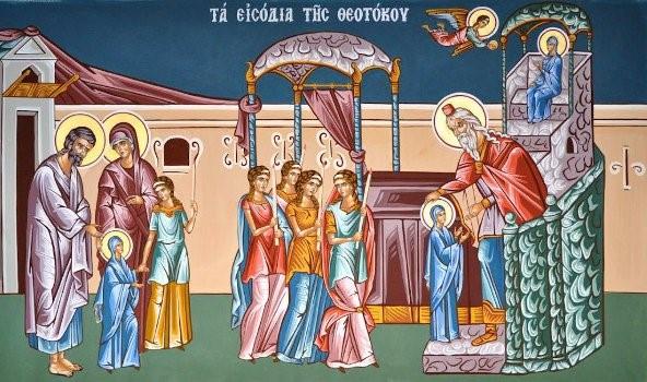 According to the tradition of the Church, the Theotokos was brought to the Temple at three years of age, where she was consecrated to God and spent her days until she was fourteen or fifteen years