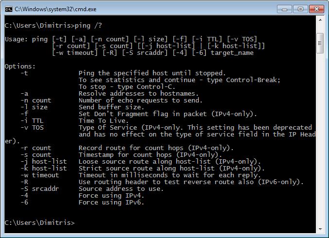 Η προηγούμενη εικόνα εμφανίζει τον οδηγό βοήθειας εκτελώντας την εντολή ping /? Παρατηρούμε ότι με την επιλογή w καθορίζουμε τον χρόνο αναμονής της ping για να δεχθεί μια απόκριση σε msec.