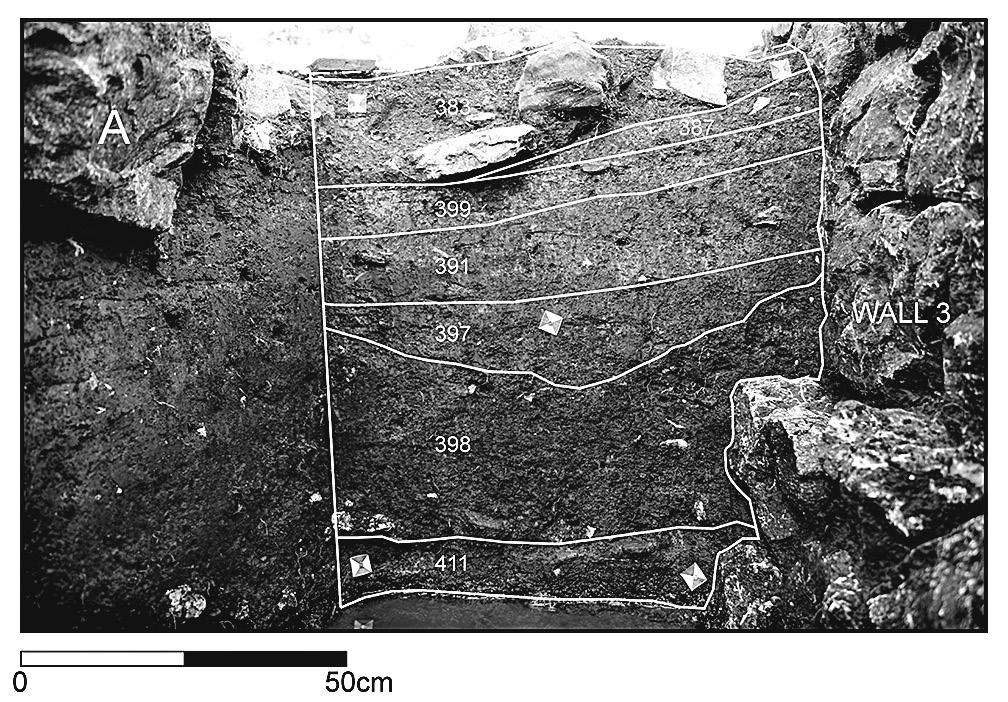 On top of it lies a thin deposit of dark soil (no. 386 on Fig. 13) which contained fine Black coated and painted pottery, mostly skyphoi, and fragments of coarse reddish and light brown pottery.