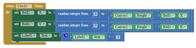 Προγραμματίστε την τυχαία κίνηση της μικρής κόκκινης μπάλας, μετρήστε τον χρόνο αυξάνοντας την τιμή της ετικέτας Label1 κατά 1.