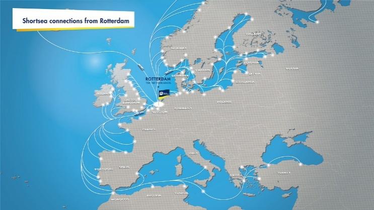 4.1.2 Short-sea συνδέσεις Υπάρχουν δρομολόγια που συνδέουν το ολλανδικό λιμάνι με λιμάνια της μεσογείου και της Βόρειας θάλασσας στα πλαίσια του Shortseashipping (ναυτιλία μικρών αποστάσεων).