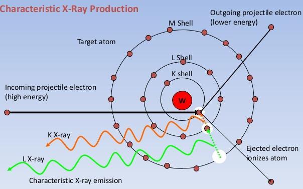 χαρακτηριστική ακτινοβολία το νέο κενό συμπληρώνεται από εξώτερα ηλεκτρόνια νέα φωτόνια χαμηλής ενέργειας Εφωτονίου = ΔΕστάθμεων φωτόνια εμφανίζουν συγκεκριμένη ενέργεια (φωτόνια
