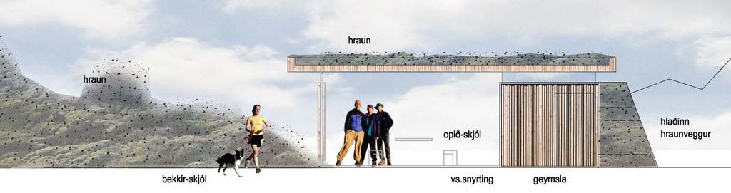 fasta bekki og föst borð, auk upplýsingaveggs. Þar væri yfirbyggt rými sem veitir skjóli fyrir veðri og vindum sem væri óneitanlega góður kostur.