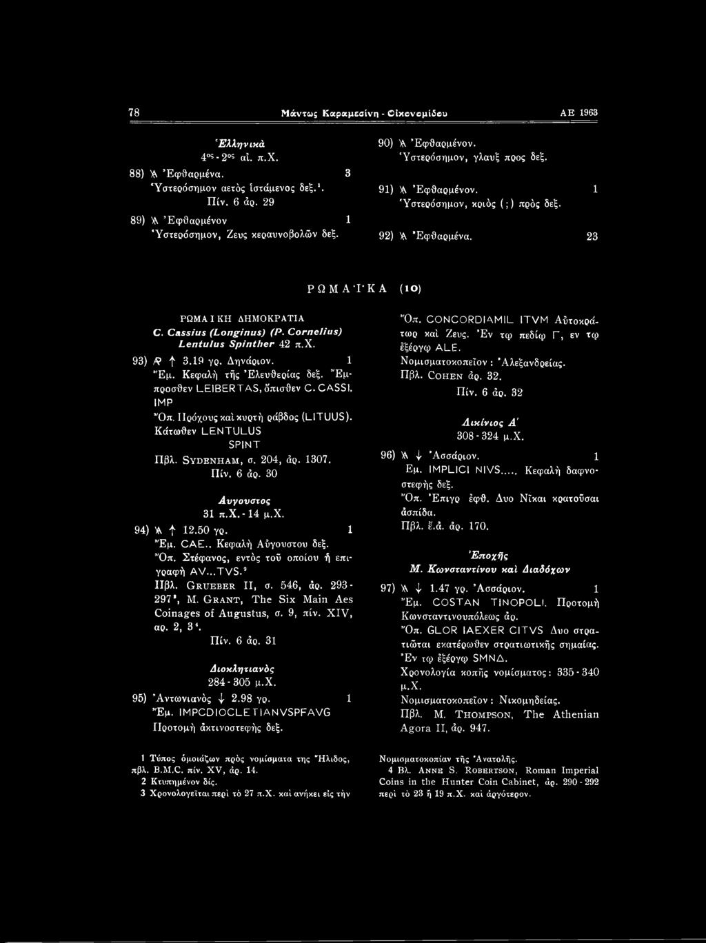 Cornelius) Lentulus Spinther 42 π.χ. 93) R f- 3.19 γρ. Δηνάριον. 1 Έμ. Κεφαλή τής Ελευθερίας δεξ. Έμπροσθεν LEIBERTAS, ό'πισθεν C. CASSI. IMP Όπ. ΙΙρόχους καί κυρτή ράβδος (LITUUS).