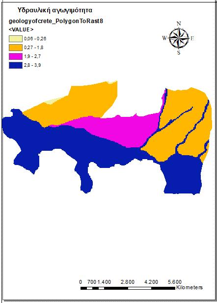 4.1.7. Εκτίμηςη παράγοντα C Θ υδραυλικι αγωγιμότθτα τθσ περιοχισ παρουςιάηεται ςτον παρακάτω χάρτθ μορφισ raster. Χάρτθσ 17.