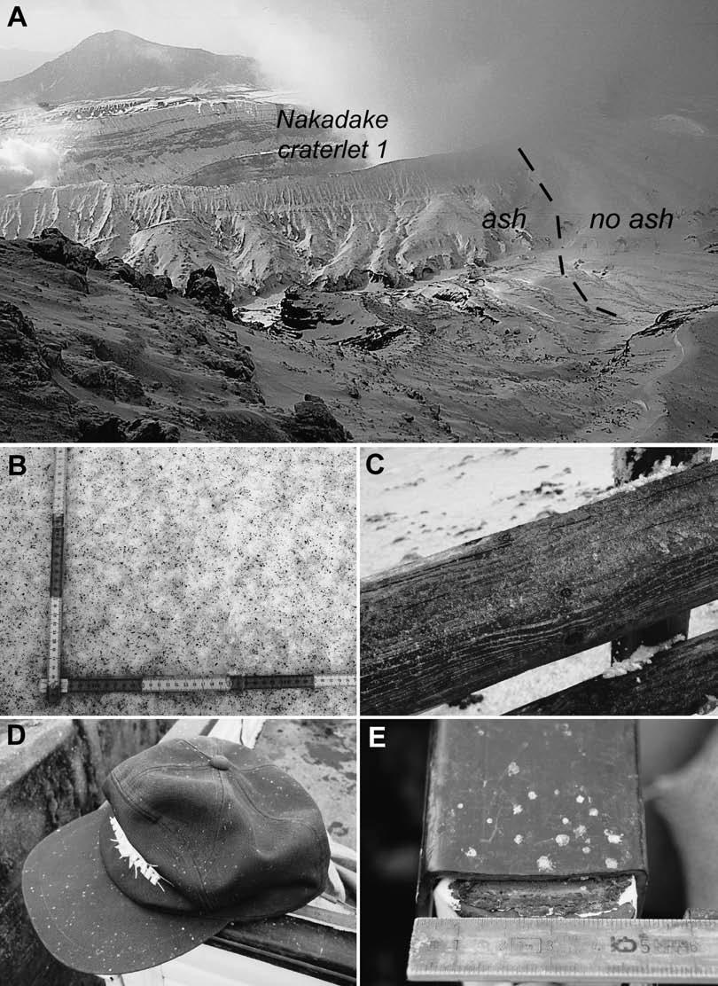 234 Fig. 0. Photographs of the January +.,,**. ash-fall deposit. (A) Western view of the Nakadake crater and the +. January,**. ash-fall deposit on snowpack.