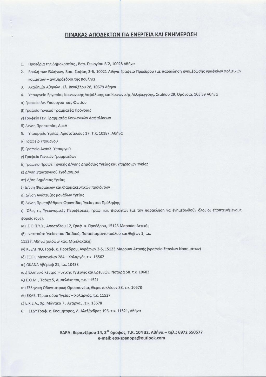 nlnakai AnO~EKTON ria ENEPrEIA KAI ENHMEPOIH 1. npoeopla Trl<;lIrlllOKpa"'(la<;, Bao. Fstopviou B'2, 10028 Aa~va 2. BouA~ ruiv EAMvwv, Bao.