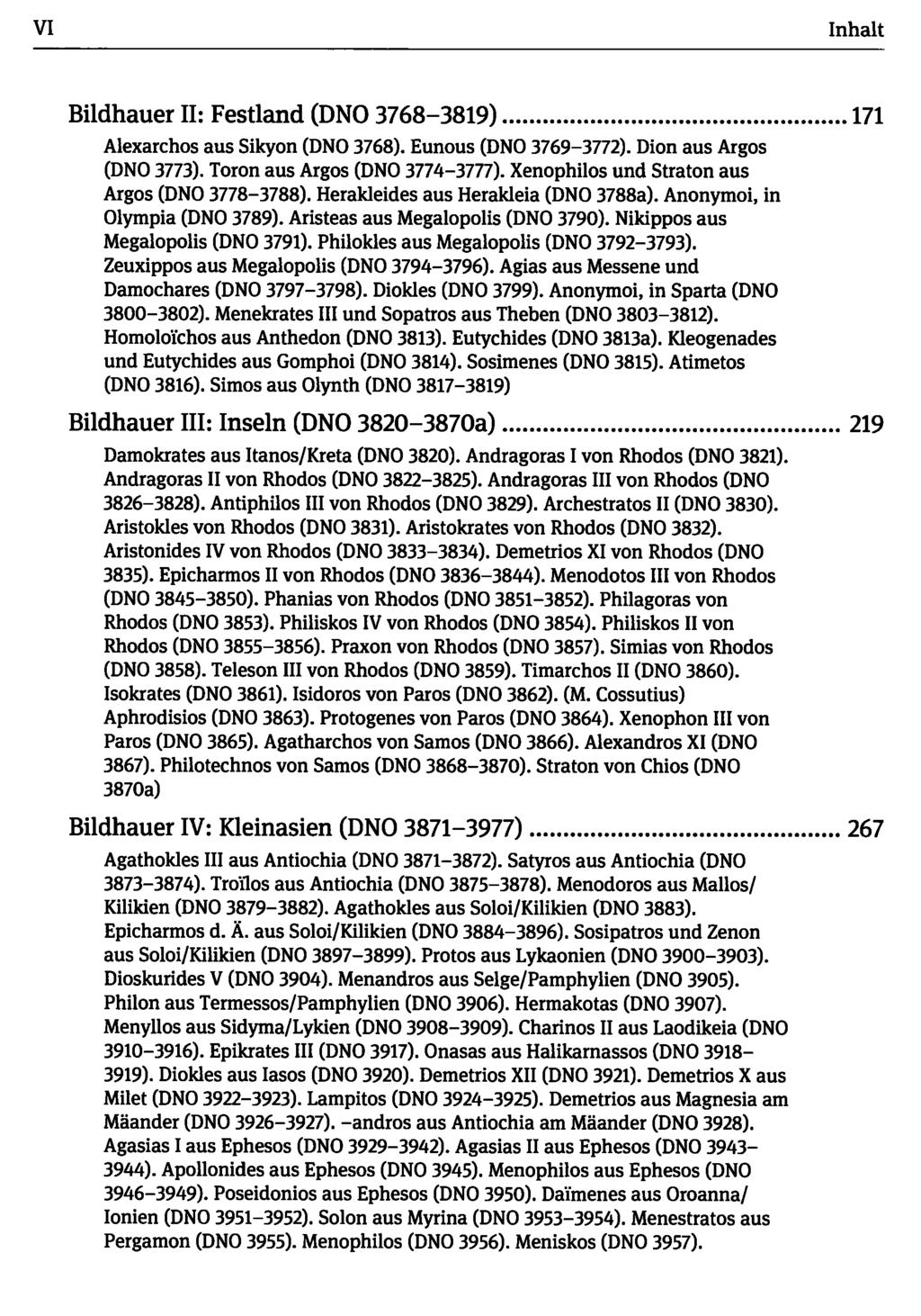 VI Bildhauer II: Festland (DNO 3768-3819) 171 Alexarchos aus Sikyon (DNO 3768). Eunous (DNO 3769-3772). Dion aus Argos (DNO 3773). Toron aus Argos (DNO 3774-3777).