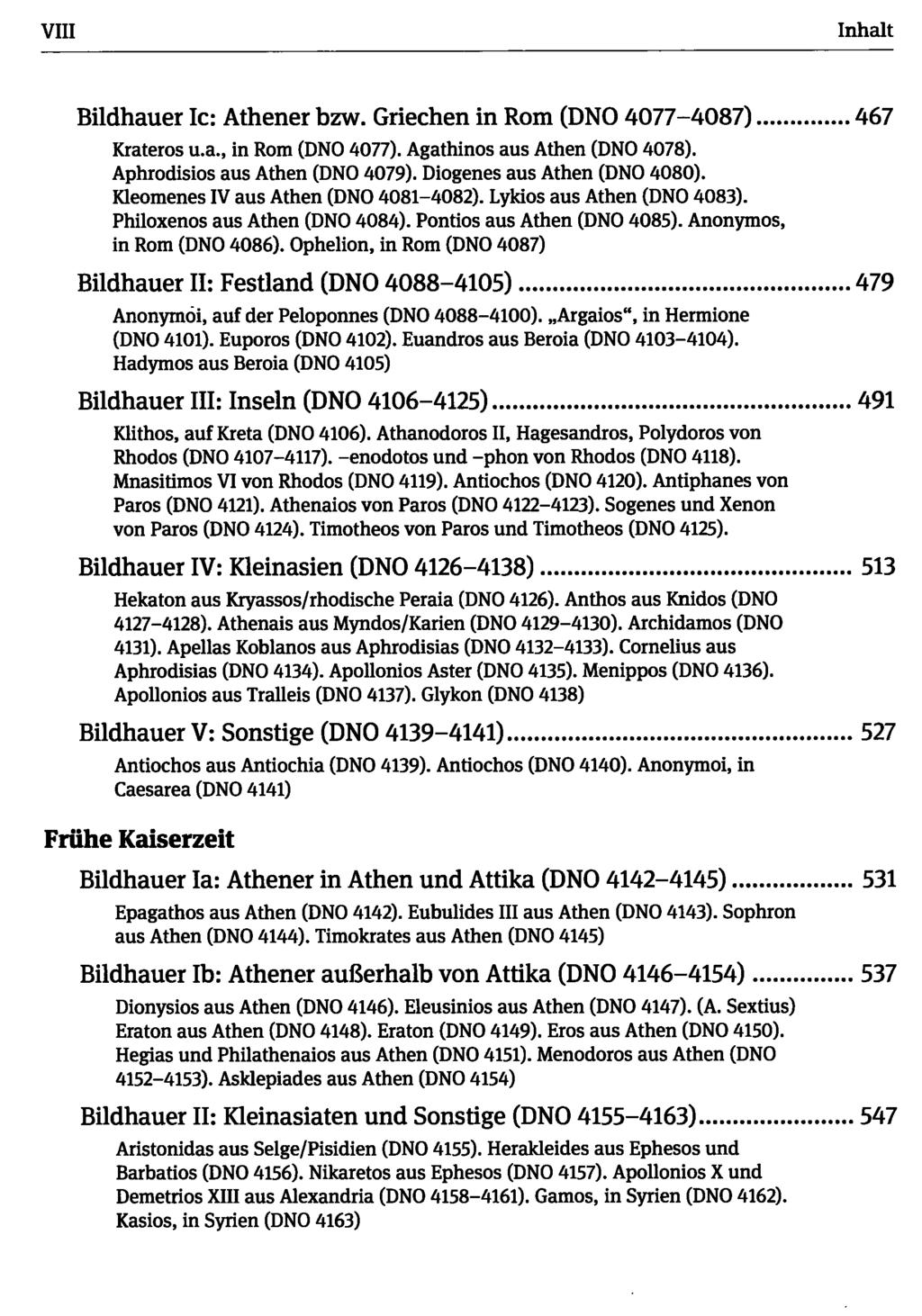 VIII Bildhauer Ic: Athener bzw. Griechen in Rom (DNO 4077-4087) 467 Krateros u.a., in Rom (DNO 4077). Agathinos aus Athen (DNO 4078). Aphrodisios aus Athen (DNO 4079). Diogenes aus Athen (DNO 4080).