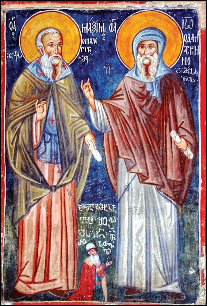 The genius Georgian poet Shota Rustaveli on bended knees before Saints John of Damascus and Maksimus the Confessor, facing John of Damascus.