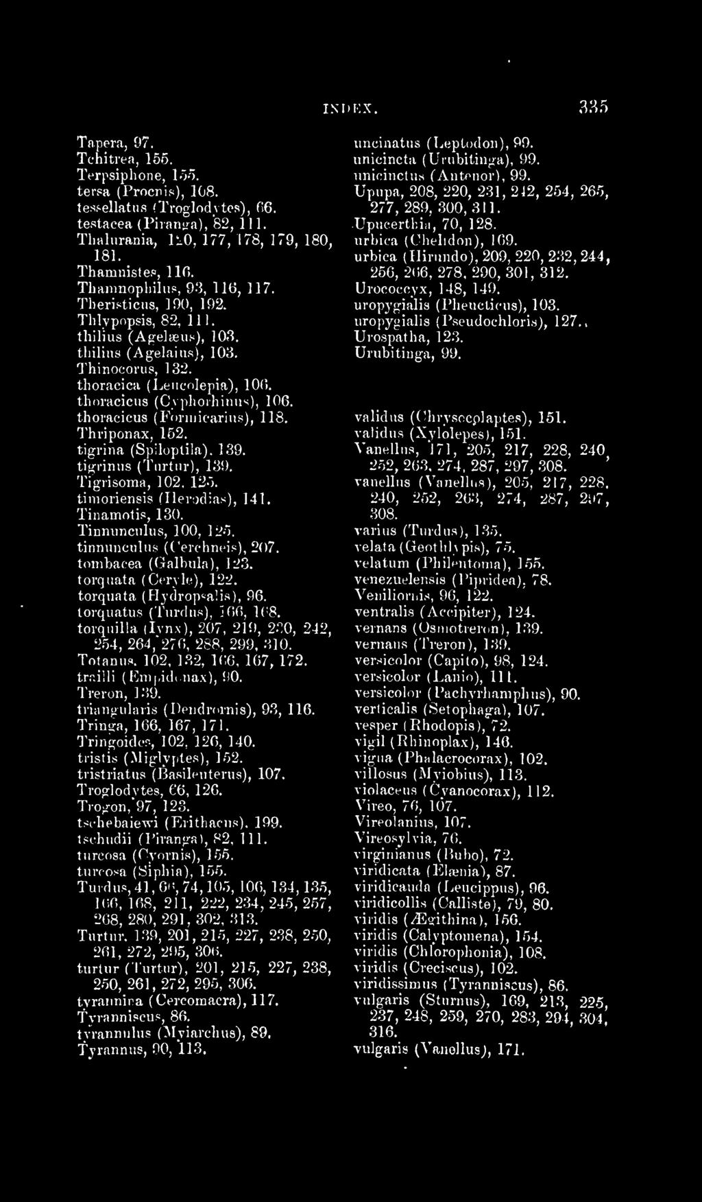 thoraciciis (C\ phorhiniis), 106. thoracicus (Foniiicariiis), 118. Thriponax, 152. tigrina (Spilopüla), 139. tigdnus (Tiirtiir), 139. Tigrisoma, 102. 125. tiiuoriensis (Ilerodias), 141.