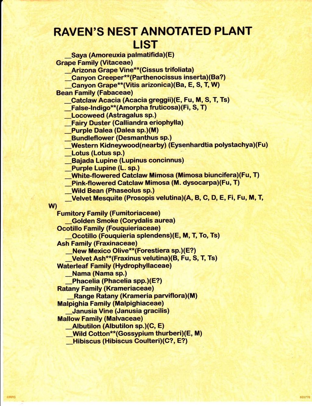 RAVEN'S N EST ANNOTATED PLANT -Saya (Amoreuxia palmatifidax E) Grape Family (Vitaceae) -Arizona Grape Vine*(Cissus trifoliata) -Canyon Greeper*( Parthenocissus inserta) (Ba?