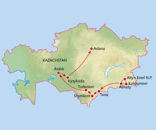 Rondreis KAZACHSTAN 21 dagen Sjasliek, steppe en Borat Reiscode: Groepsgrootte: Aantal dagen: RKH 6-18 21 Uitgebreide routebeschrijving Route Welkom Wil je eens iets anders?