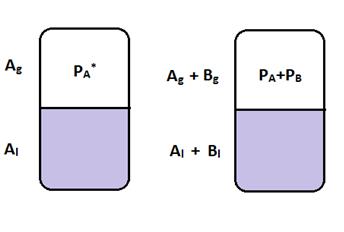 Σχήμα 5.4: Γραμμική εξάρτηση των μερικών πιέσεων των συστατικών Α και Β, καθώς και της τάσης των ατμών ενός ιδανικού διαλύματος από τη σύσταση του Β, για σταθερή θερμοκρασία. Σχήμα 5.