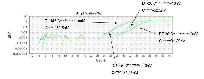 Eικόνα 27. Γραφική παράσταση της μεταβολής του εκπεμπόμενου φθορισμού σε συνάρτηση με τους κύκλους της Real Time PCR κατά την ενίσχυση του hsa-mir-34a για τις κυτταρικές σειρές DU145 και ΒΤ-20.