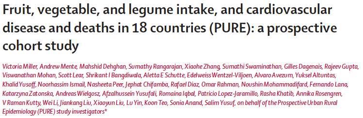 Higher total fruit, vegetable, and legume intake was inversely associated with major CVD, MI, cardiovascular mortality, noncardiovascular mortality, and total mortality The HR for total mortality was