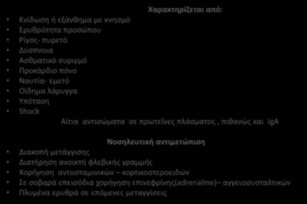 Αλλεργική αντίδραση Χαρακτηρίζεται από: Κνίδωση ή εξάνθημα με κνησμό Ερυθρότητα προσώπου Ρίγος- πυρετό Δύσπνοια Ασθματικό συριγμό Προκάρδιο πόνο Ναυτία- εμετό Οίδημα λάρυγγα Υπόταση Shock Αίτια